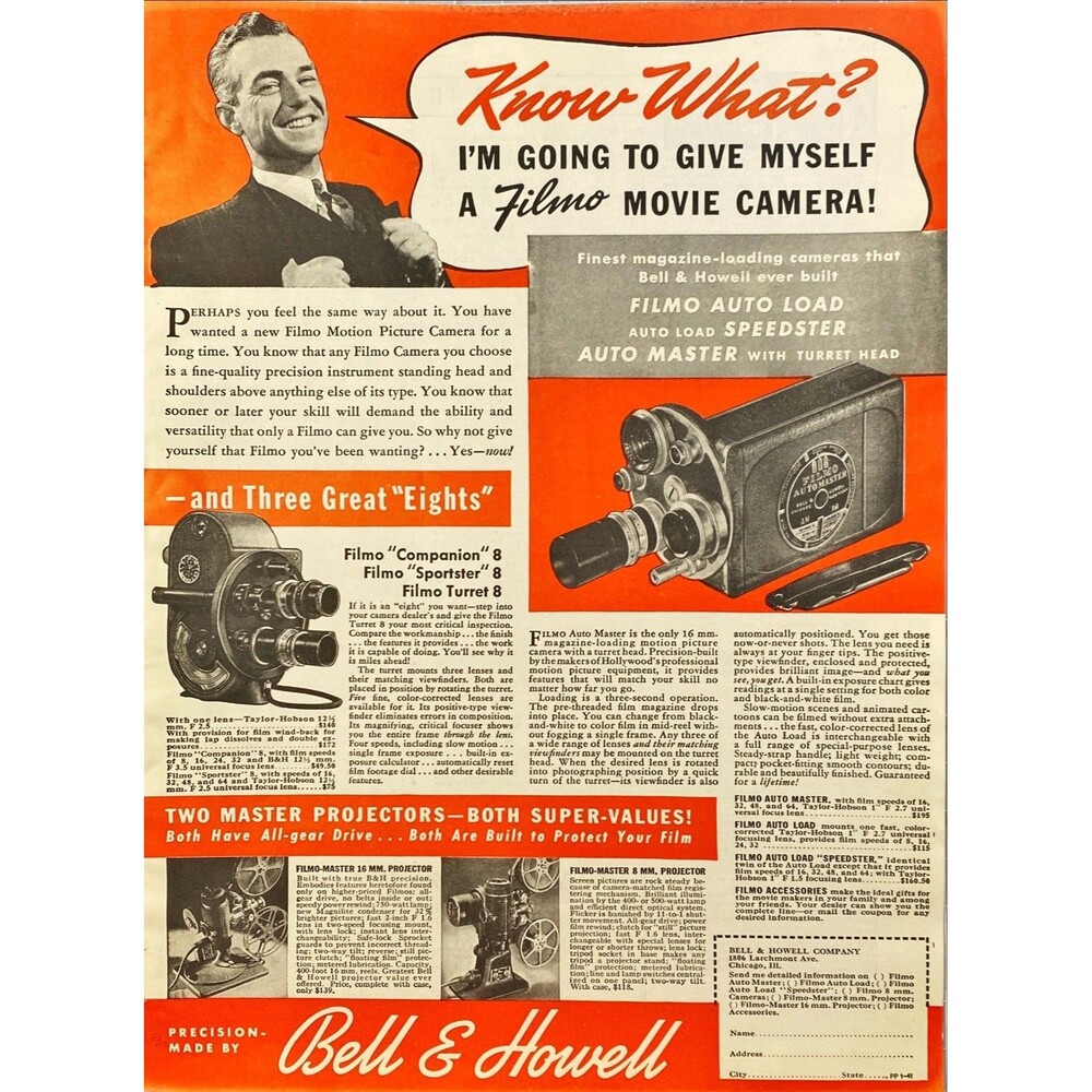 Bell & Howell "Filmo Movie Camera-All Gear Drive" Vintage Print Ad 1941